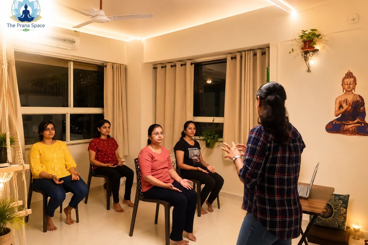 A group healing session held in a home in the evening
