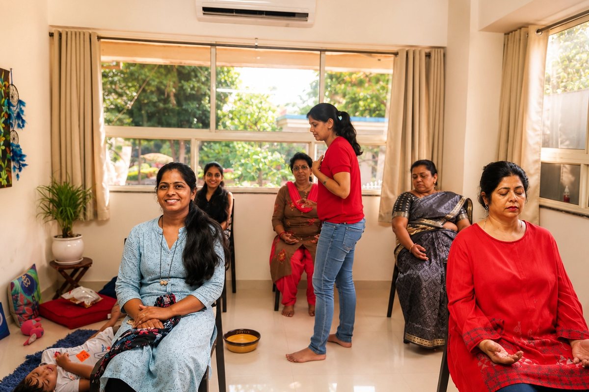 A community meditation session with participants seated in a sunlit room