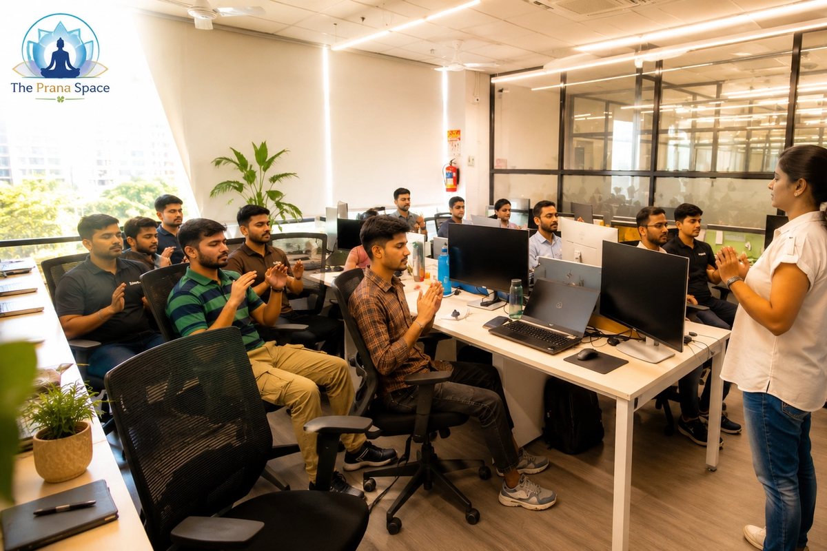 A workplace meditation session with a team at their desks